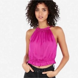Express Satin Halter Crop Top, Women’s Size Small, hot pink open back shirt